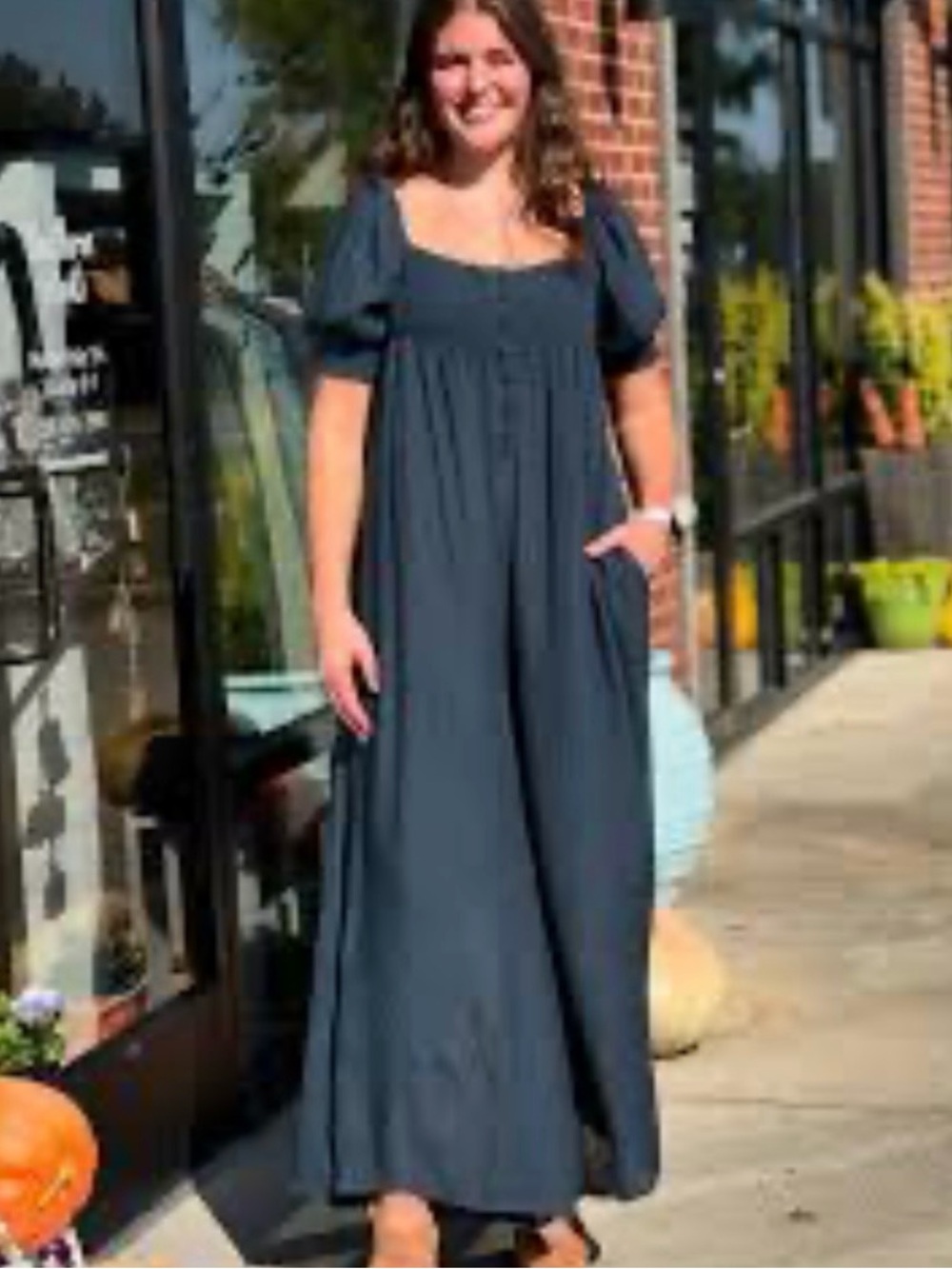 Jade By Jane Smocked Square-Neck Wide Leg Jumpsuit in Dark Blue